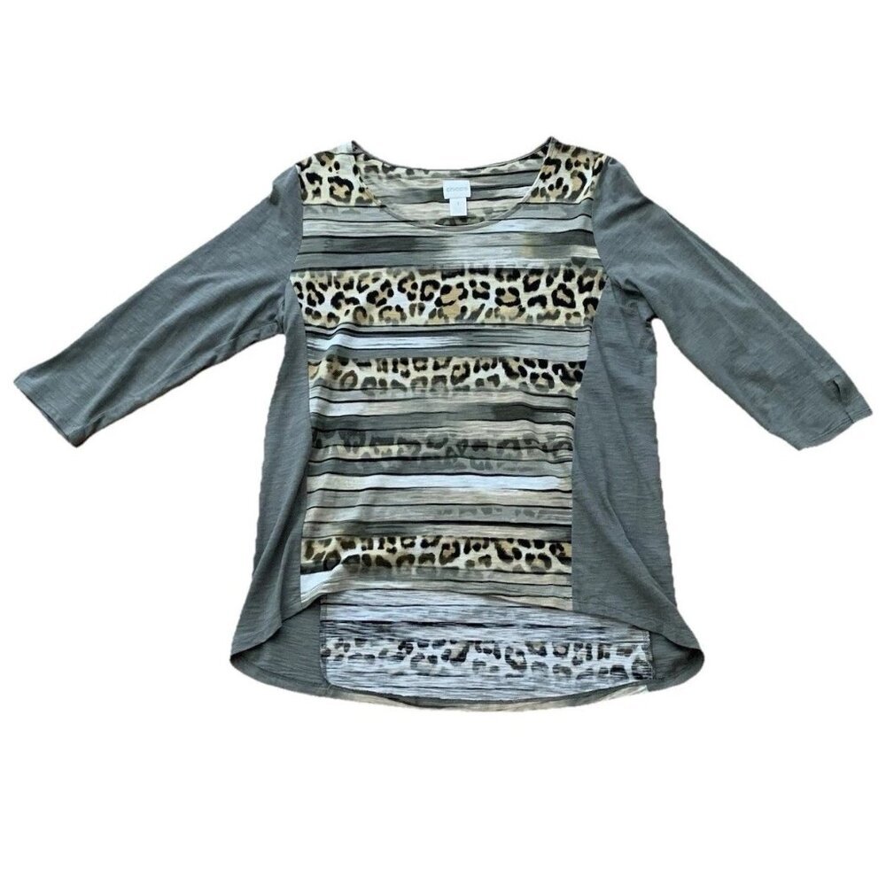 Chico's Top 1 Women's Size 8 Olive Animal Print Leopard Striped 3/4 Sleeve Boho